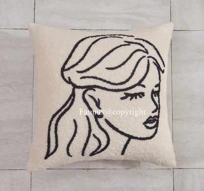 DecorBites™ Lambswool Face Embroidered Cushion Cover 45x45 - Beige White Abstract Art Pillowcase