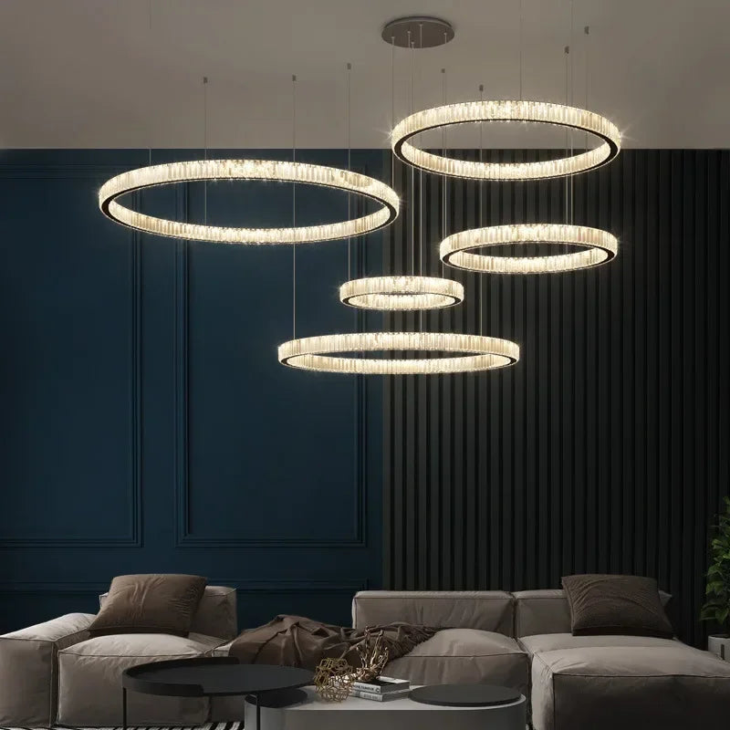 DecorBites™ Golden Crystal Chandelier: Nordic Modern Luxury LED Hanging Halo for Living Room