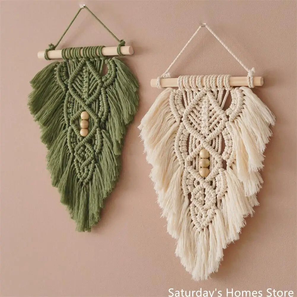 Decobites Handmade Macrame Leaf Hanging Tapestry Wall Decoration Mini Tapestry with Wood Stick