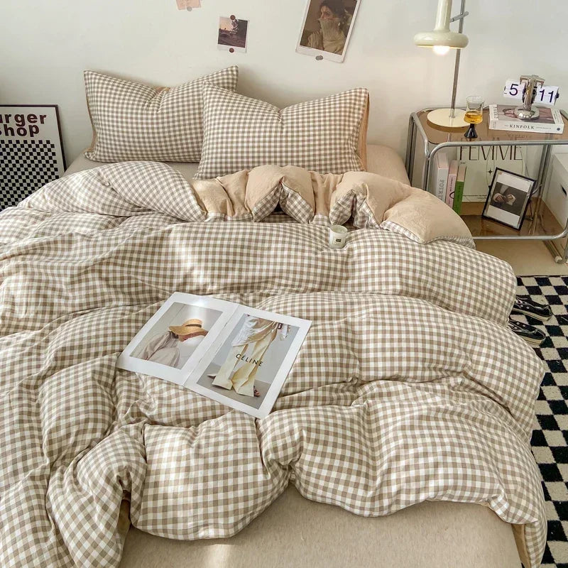 DecorBites™ Japanese Style Check Duvet Cover Set - Soft Washed Quilt Cover & Pillowcase