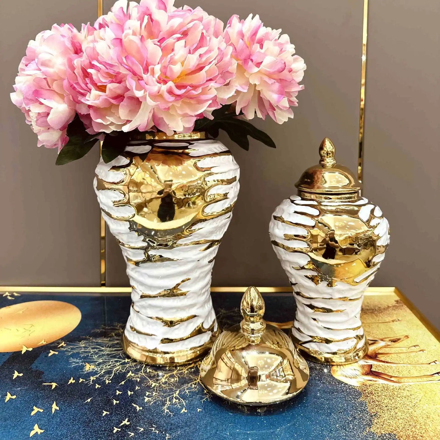 DecorBites™ Gold & White Grain Ceramic Jar: Home Decor & Storage Accessory