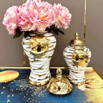 DecorBites™ Gold & White Grain Ceramic Jar: Home Decor & Storage Accessory