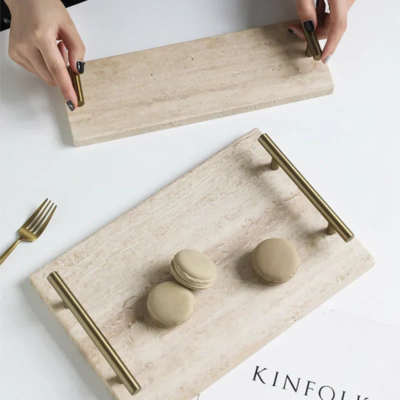 DecorBites™ Beige Travertine Stone Tray with Golden Metal Handle