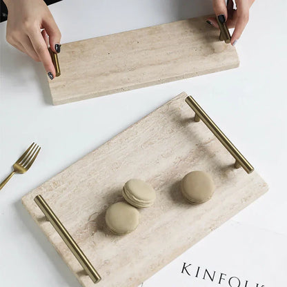 DecorBites™ Beige Travertine Stone Tray with Golden Metal Handle