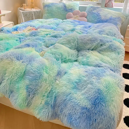 Decobites Shaggy Faux Rabbit Fur Bedding Set: Cozy Gradient Coral Fleece Quilt, Duvet Cover, Pillowcases