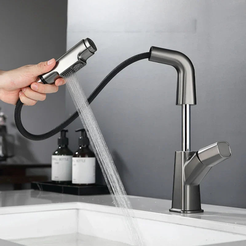 DecorBites™ Brass Basin Faucet: Pull Out, Hot & Cold Mixer, 360° Lift, Bathroom Sink Tap