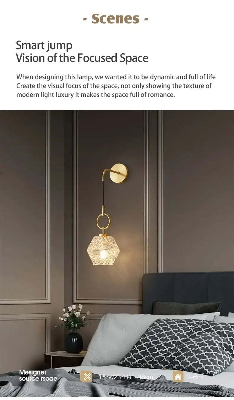 postmodern luxury led gold-toned hexagonal pendant lamp with a textured woven glass shade suspended by a curved metal arm ideal for luxury led wall lighting in bedrooms