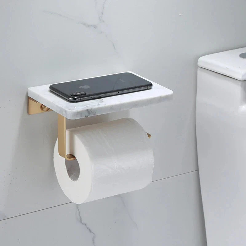 Soporte de pared para papel higiénico DecorBites™ Gold Marble, con caja de pañuelos y estante para baño.