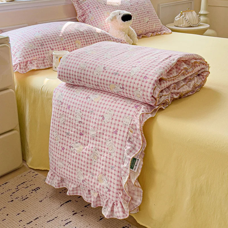 DecorBites™ Korean Cotton Patchwork Quilt with Lace and Ruffle for Summer