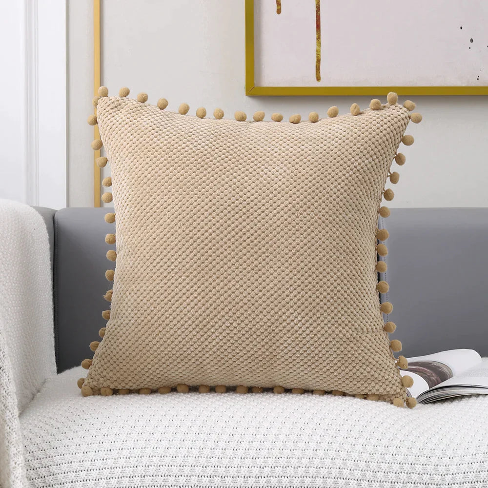 Juego de fundas de cojín decorativas DecorBites™ con pompones color beige - Decoración de sofá de primera calidad para el hogar