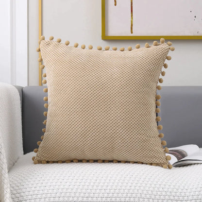 Juego de fundas de cojín decorativas DecorBites™ con pompones color beige - Decoración de sofá de primera calidad para el hogar