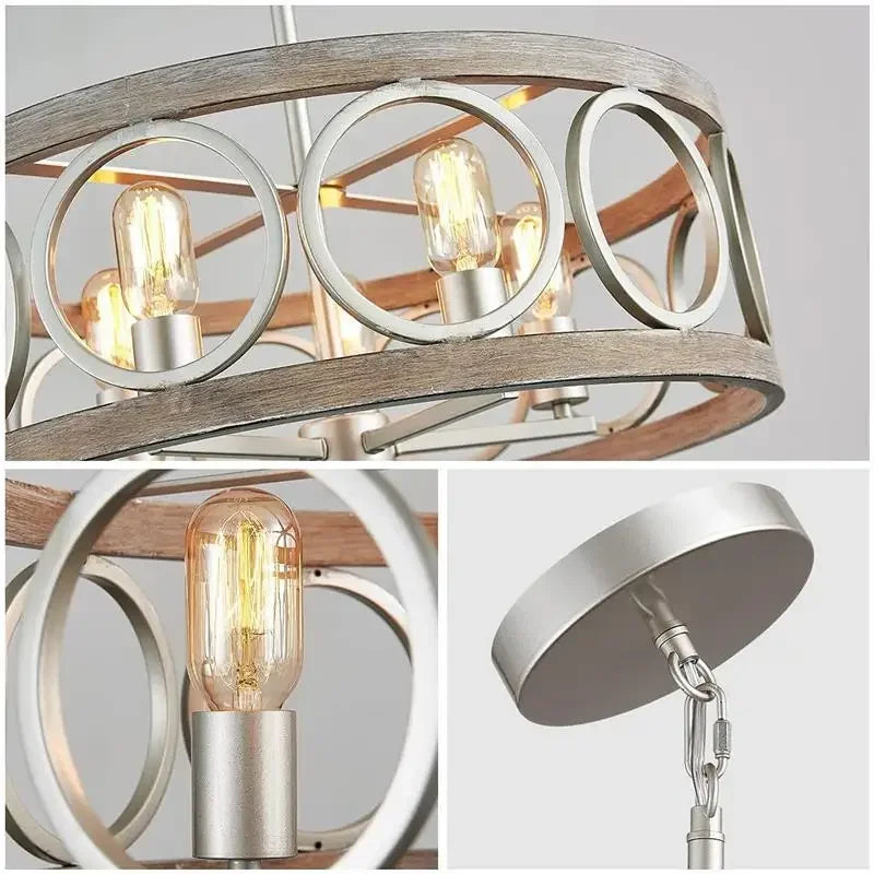 DecorBites™ Industrial Farmhouse Circular Chandelier Retro Iron Art Wood Grain Ceiling Light