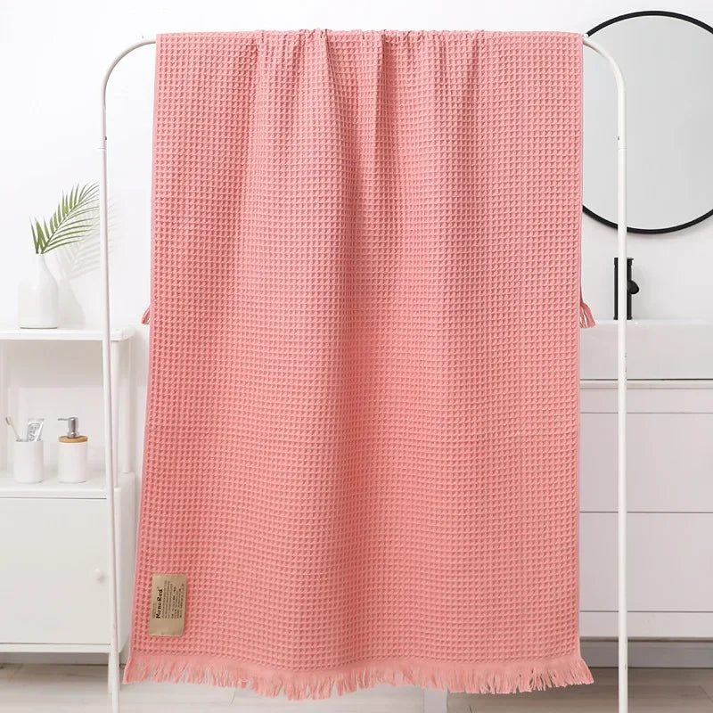 DecorBites™ Geometric Tassel Bath Towel - 100% Cotton, Quick-Dry, Multi-colored Waffle Design - 90x180cm