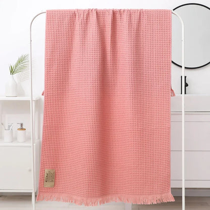 DecorBites™ Geometric Tassel Bath Towel - 100% Cotton, Quick-Dry, Multi-colored Waffle Design - 90x180cm