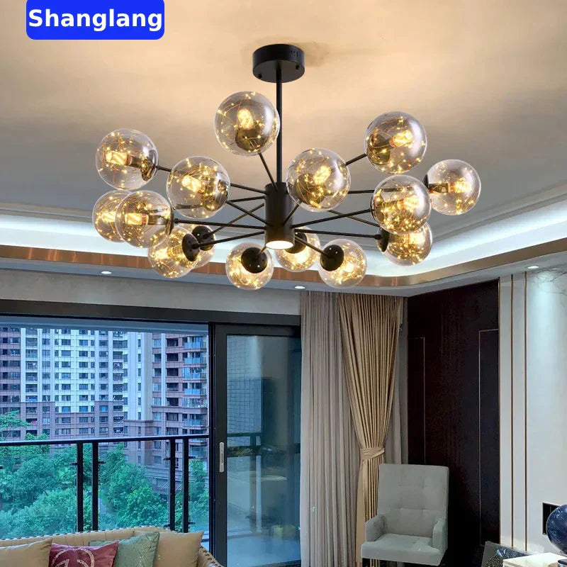 DecorBites™ Black Glass Ball LED Chandelier for Living Room, Bedroom - Dimmable Nordic Luxury Fixture