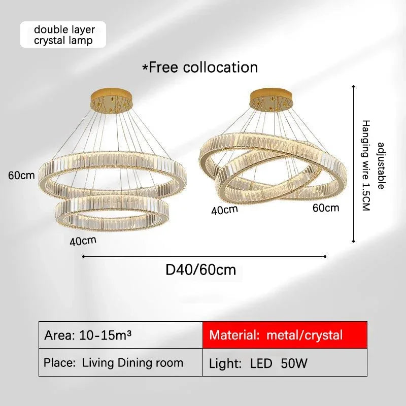 DecorBites™ Golden Crystal Chandelier: Nordic Modern Luxury LED Hanging Halo for Living Room
