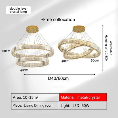 DecorBites™ Golden Crystal Chandelier: Nordic Modern Luxury LED Hanging Halo for Living Room