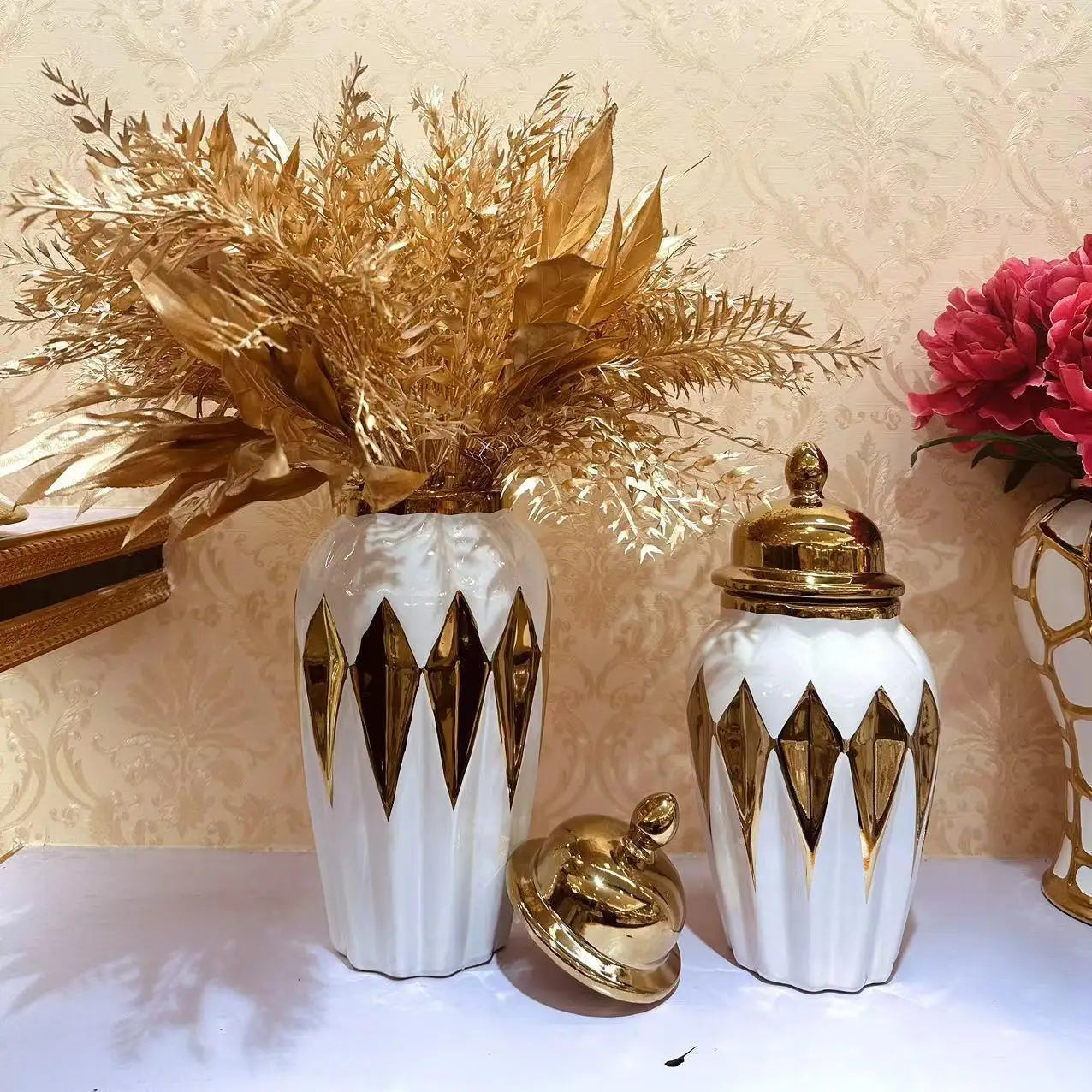 Decorbites™ Gold-Diamant-Check-Keramikvase - Vintage Handwerksdekoration