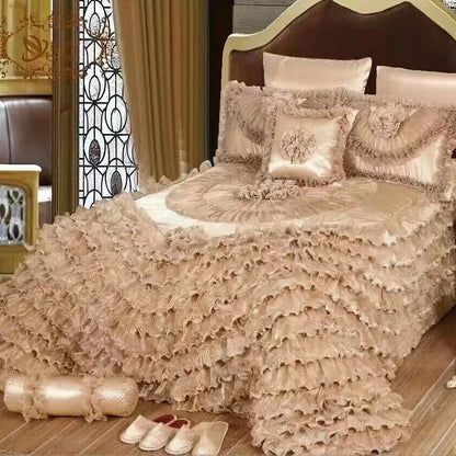 Decobites Luxe Champagne Jacquard Lace Bedspread Set with Pillowcases