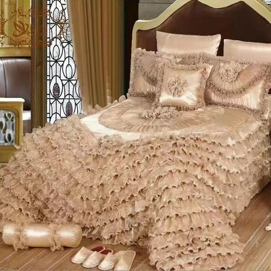 Decobites Luxe Champagne Jacquard Lace Bedspread Set with Pillowcases