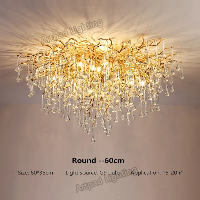 DecorBites™ Crystal Teardrop Gold Ceiling Chandelier for Elegant Living Room Bedroom Dining Kitchen