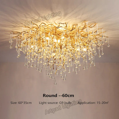 DecorBites™ Crystal Teardrop Gold Ceiling Chandelier for Elegant Living Room Bedroom Dining Kitchen