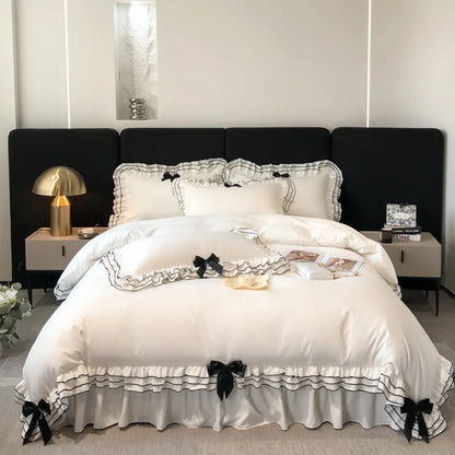 Decobites Korean Lace Ruffles Bedding Set with Black Bow Accent