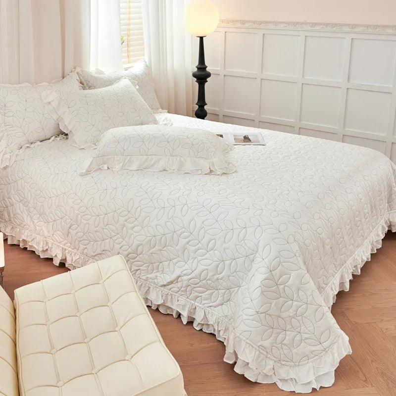DecorBites™ Leaf Embroidery Double Layer Lace Ruffles Quilt Set with Bedspread & Pillowcases