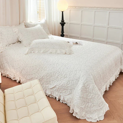 DecorBites™ Leaf Embroidery Double Layer Lace Ruffles Quilt Set with Bedspread & Pillowcases