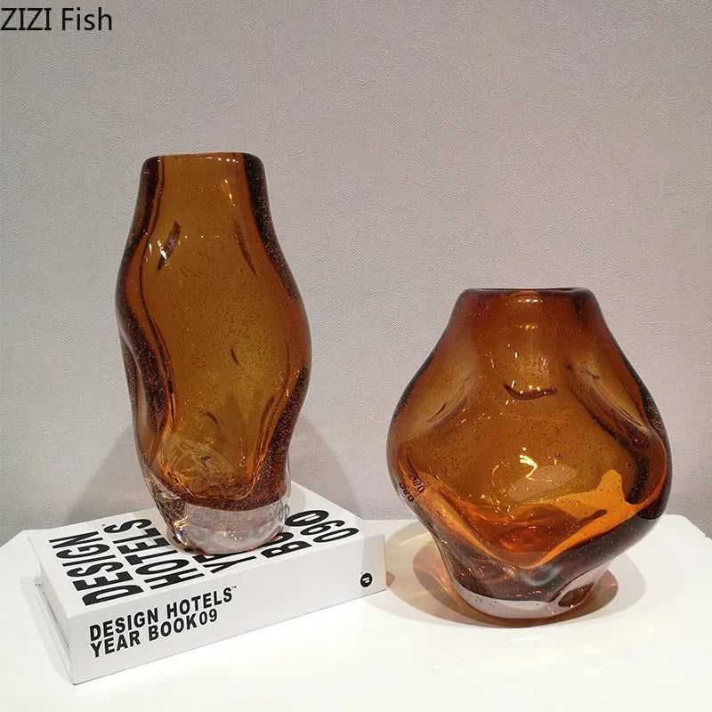 DecorBites™ Amber Glass Vase & Artificial Flower Desk Decoration for Room Aesthetic