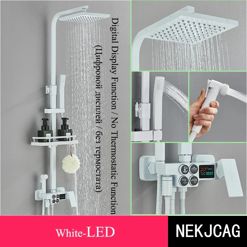 DecorBites™ Digital Display Thermostatic Shower Faucet Set, Rain Shower Column, Wall Mount - Black/Chrome