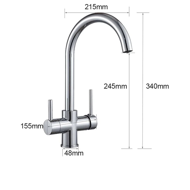 stainless steel dual handle kitchen faucet with chrome finish, sleek curved spout, and 360 rotation for high-pressure pull-out sprayer control.