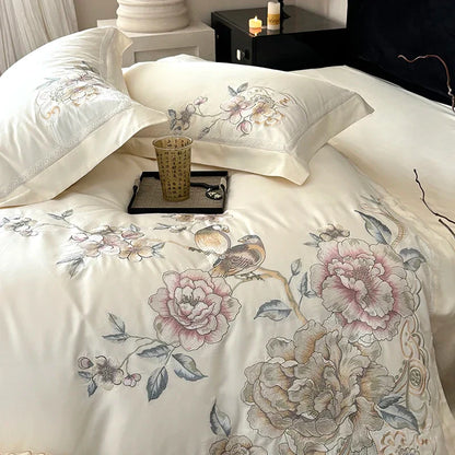 Decobites 5-Piece Chinese Flowers Bird Embroidery Bedding Set, 1000TC Egyptian Cotton, Queen King