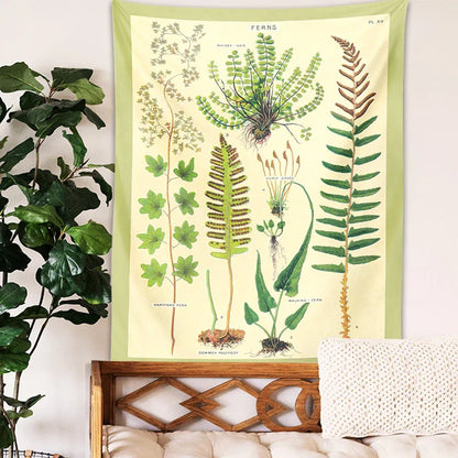 Decobites Ferns Tapestry: Botanical Floral Illustration Chart Wall Art - Boho Decor