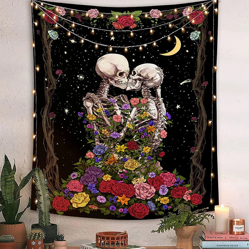 Decobites Skull Lovers' Kiss Tapestry - Colorful Roses and Tarot Skeleton Wall Hanging