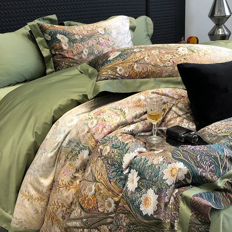 Decobites Luxury Flowers 1000TC Egyptian Cotton Bedding Set: 1 Duvet Cover, 1 Sheet, 2 Pillowcases