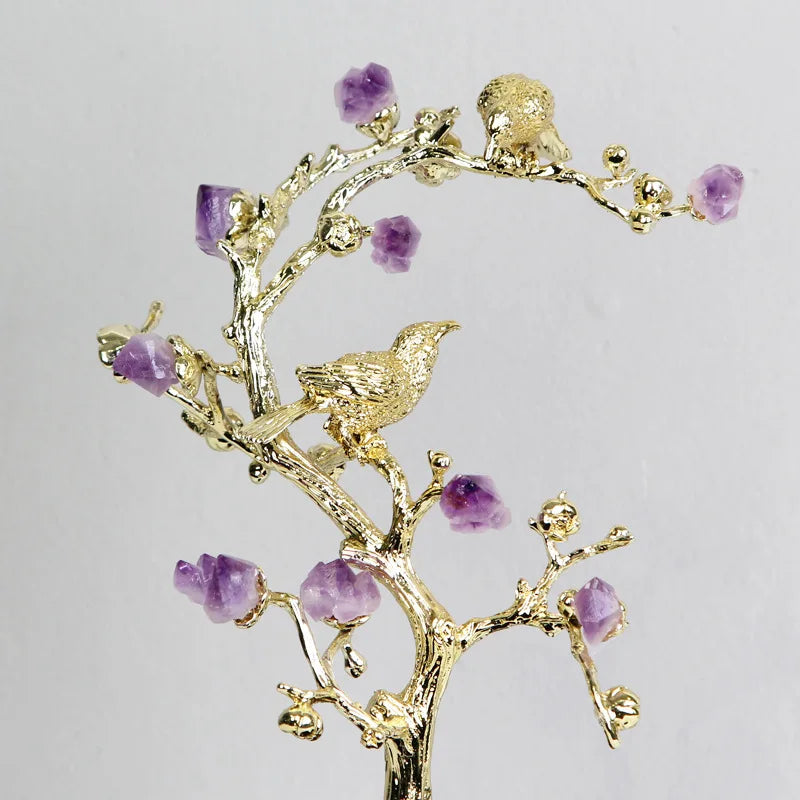 DecorBites™ Golden Tree Crystal Flower Brass Amethyst Decor with Golden Bird Figurines