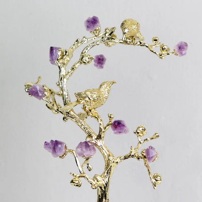 DecorBites™ Golden Tree Crystal Flower Brass Amethyst Decor with Golden Bird Figurines
