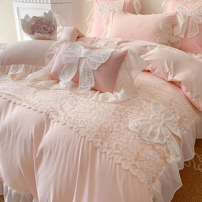 Decobites Romantic Lace Ruffles Bedding Set with Bow Decoration - Pink Girls Duvet Cover Set