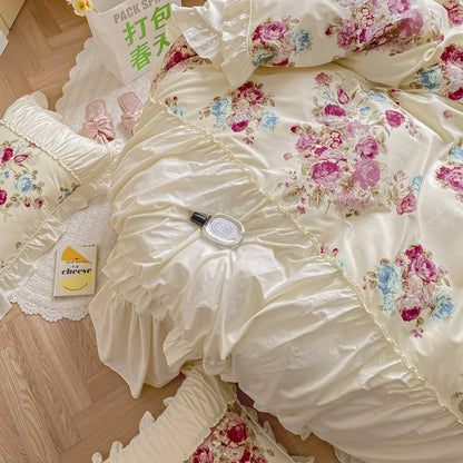 Decobites Rose Print Cotton Bedding Set with Pleated Ruffles and French-Inspired Design