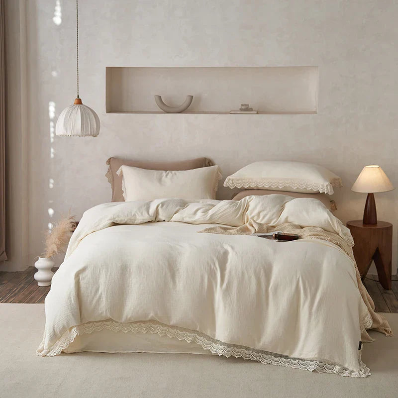 Decobites Lace Edge Cotton Bedding Set for Soft Skin with Duvet, Sheets, and Pillowcases