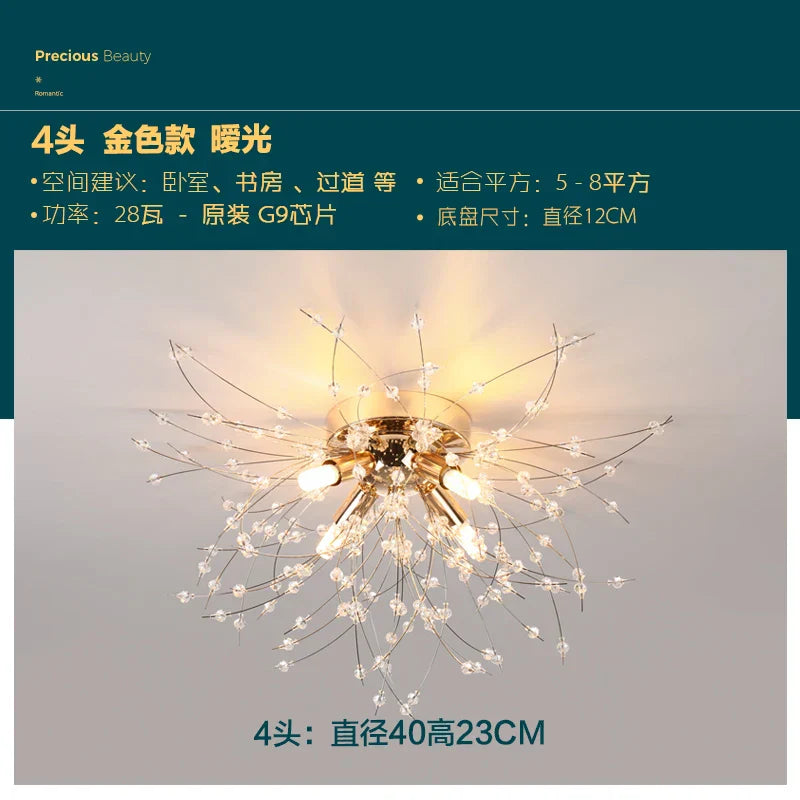 DecorBites™ Golden Dandelion Crystal Chandelier: Warm Nordic LED Ceiling Lamp for Romantic Living Room.