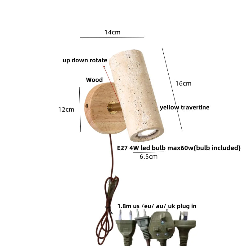 Aplique de pared LED DecorBites™ de madera de travertino amarillo, estilo nórdico moderno, con función de rotación.