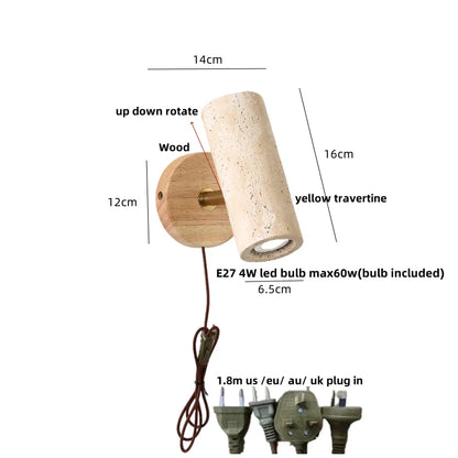 Aplique de pared LED DecorBites™ de madera de travertino amarillo, estilo nórdico moderno, con función de rotación.