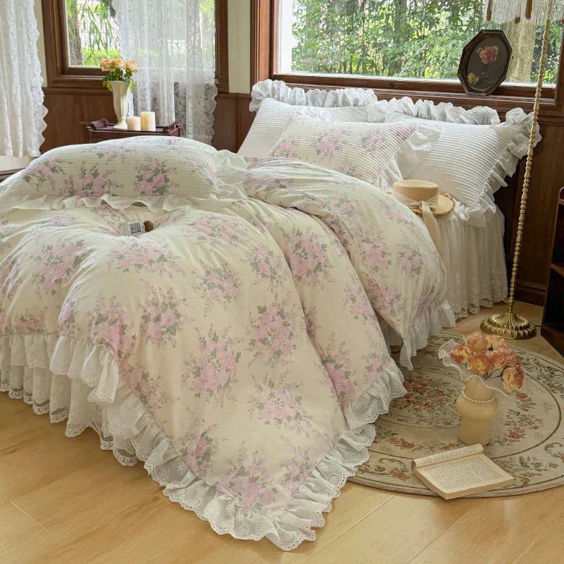 Decobites Floral Print Cotton Princess Bedding Set with Vintage Lace Details