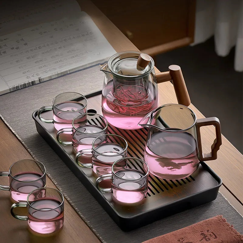 DecorBites™ Glass Tea Pot with Wooden Handle - Heat Resistant, Chinese Kung Fu Tea Set