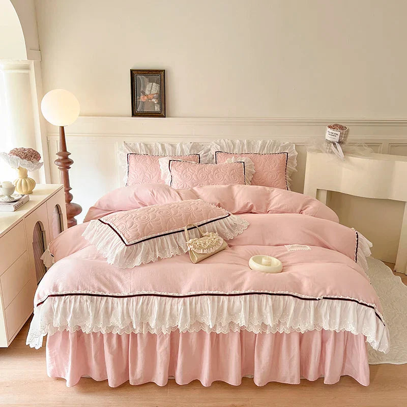 Decobites Lace Ruffles Bedding Set: 4pcs Solid Color Princess Quilt Cover, Bed Skirt, 100% Cotton Pillowcase