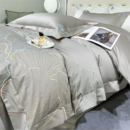 DecorBites™ 1200TC Embroidery Egyptian Cotton Bedding Set 4pcs King Queen Solid Sheet Duvet Cover