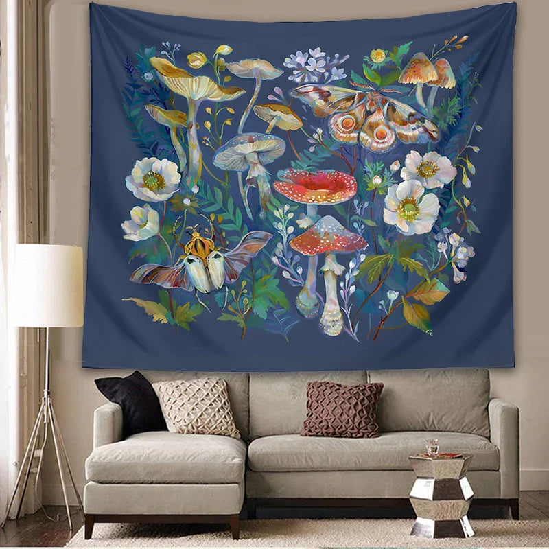 Decobites Mushroom Moth Garden Tapestry: Boho Psychedelic Wall Hanging for Botanical Bedroom Decor