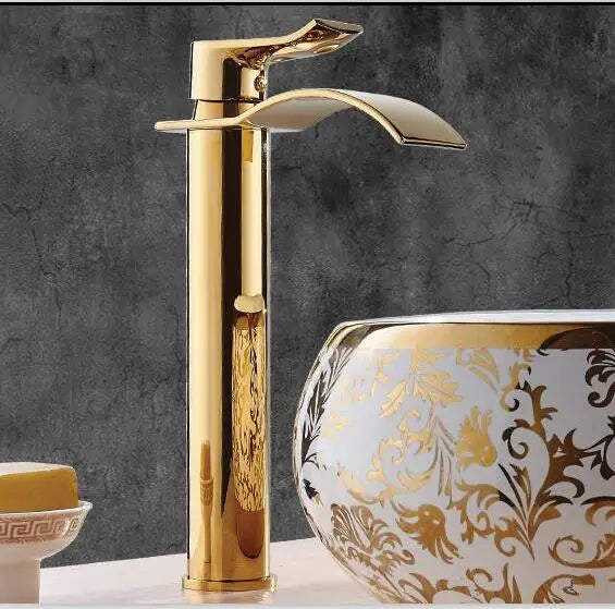 DecorBites™ Gold and White Waterfall Bathroom Basin Faucet Mixer Tap Hot Cold Sink